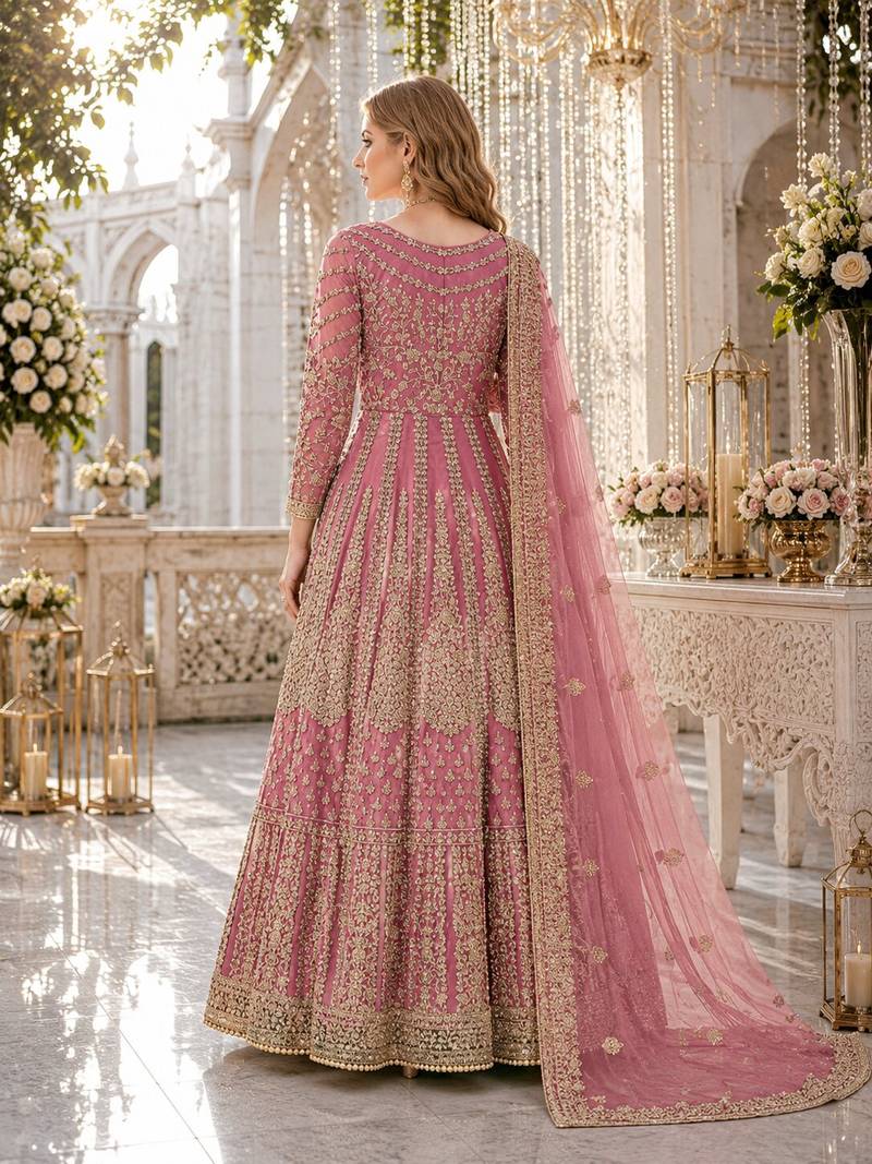 Light purple embroidered net semi stitched anarkali suit