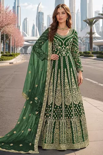 Green embroidered net semi stitched anarkali suit