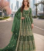 Green embroidered net semi stitched anarkali suit