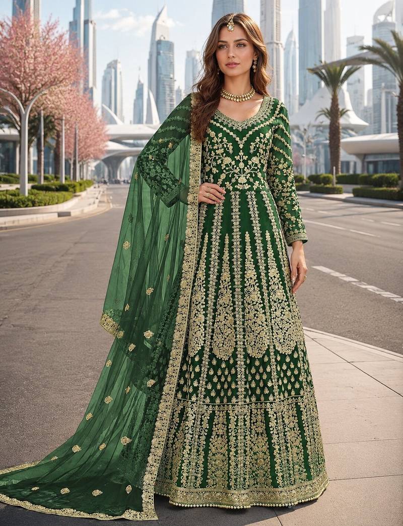 Green embroidered net semi stitched anarkali suit