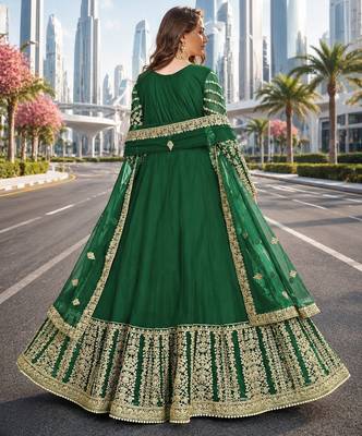 Green embroidered net semi stitched anarkali suit 2