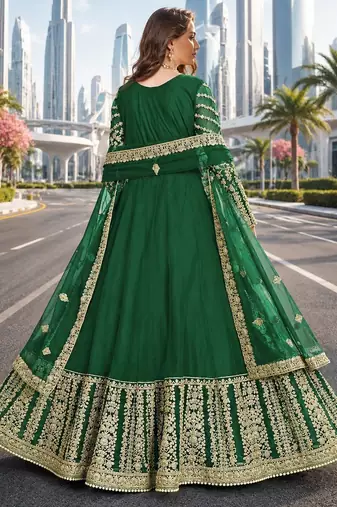 Green embroidered net semi stitched anarkali suit