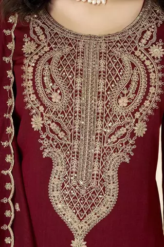Maroon silk blend embroidered kurta set