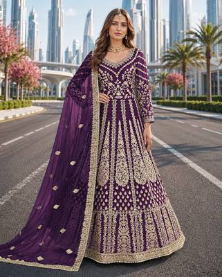 Purple embroidered net semi stitched anarkali suit 1