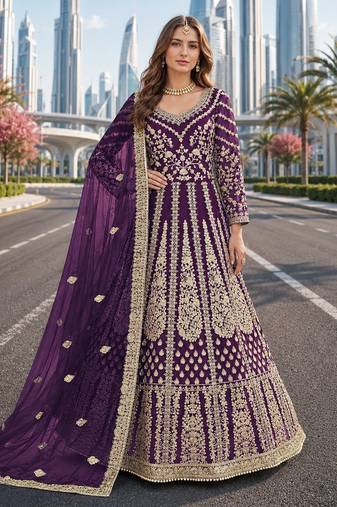 Purple embroidered net semi stitched anarkali suit