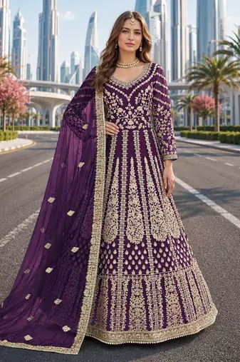 Purple embroidered net semi stitched anarkali suit