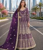 Purple embroidered net semi stitched anarkali suit