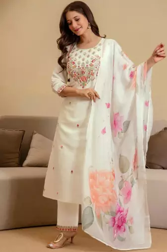 White chanderi embroidered kurta set