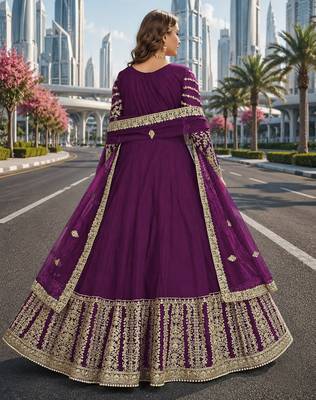 Purple embroidered net semi stitched anarkali suit 2