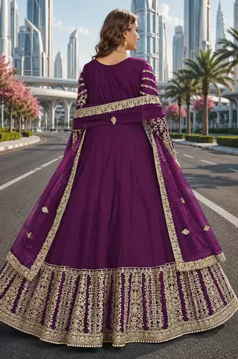 Purple embroidered net semi stitched anarkali suit