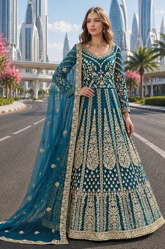 Teal embroidered net semi stitched anarkali suit