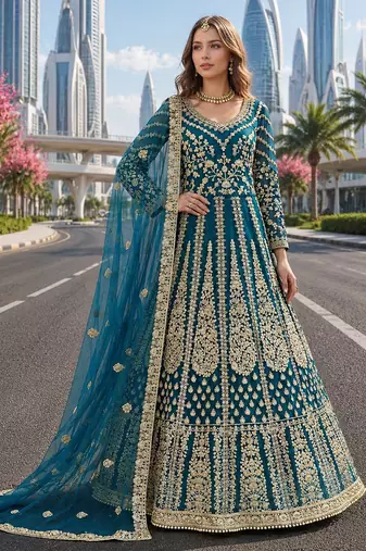 Teal embroidered net semi stitched anarkali suit