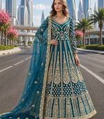 Teal embroidered net semi stitched anarkali suit