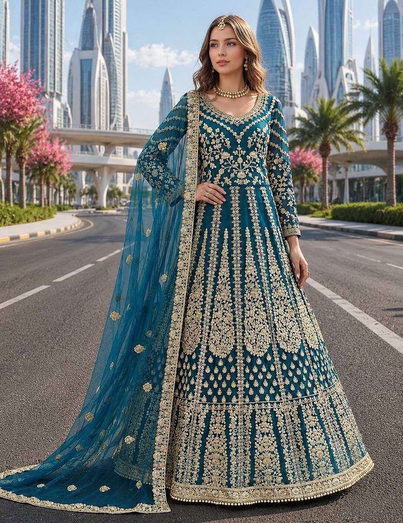 Teal embroidered net semi stitched anarkali suit