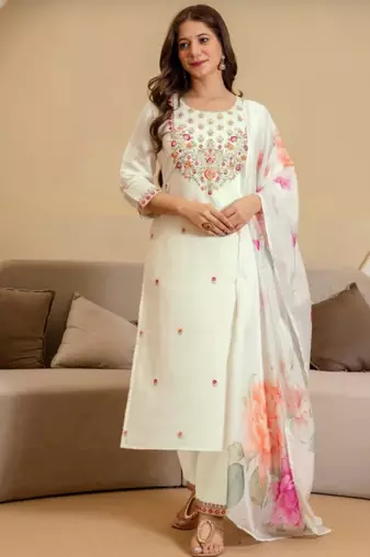 White chanderi embroidered kurta set