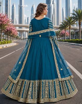 Teal embroidered net semi stitched anarkali suit 2