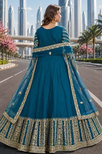 Teal embroidered net semi stitched anarkali suit