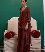 Brown silk blend embroidered kurta set