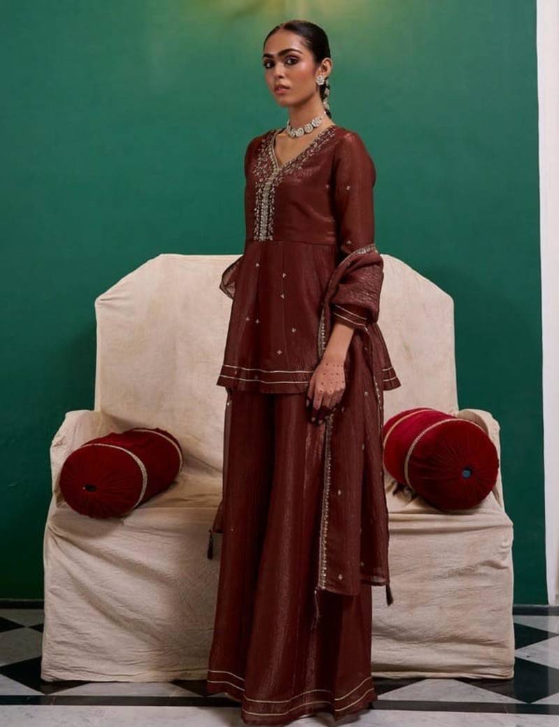 Brown silk blend embroidered kurta set