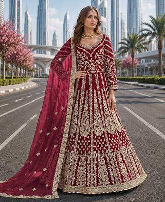 Pink embroidered net semi stitched anarkali suit 1