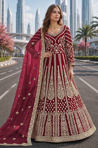 Pink embroidered net semi stitched anarkali suit