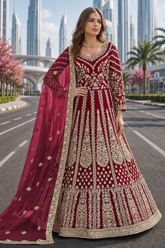 Pink embroidered net semi stitched anarkali suit