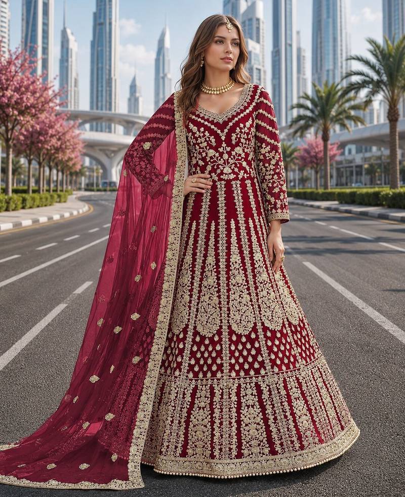 Pink embroidered net semi stitched anarkali suit