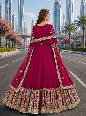 Pink embroidered net semi stitched anarkali suit 2