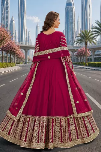 Pink embroidered net semi stitched anarkali suit