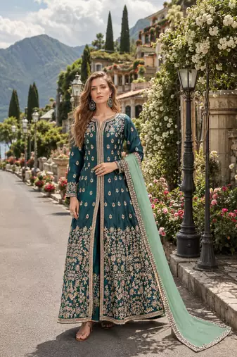 Teal embroidered art silk semi stitched anarkali suit