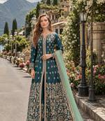Teal embroidered art silk semi stitched anarkali suit
