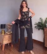 Black faux georgette embroidered kurta set