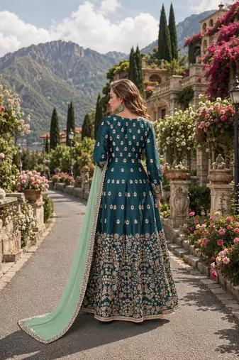 Teal embroidered art silk semi stitched anarkali suit
