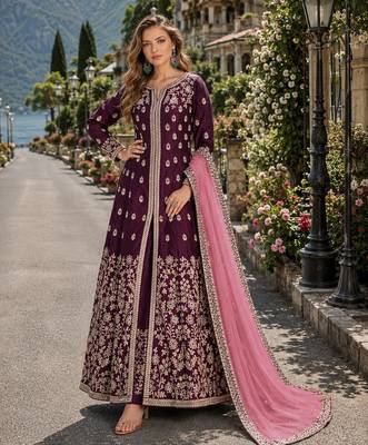 Purple embroidered art silk semi stitched anarkali suit 1