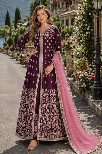 Purple embroidered art silk semi stitched anarkali suit