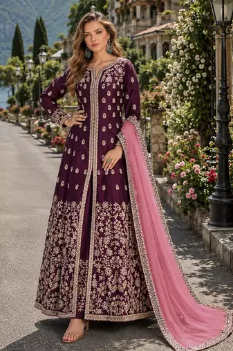 Purple embroidered art silk semi stitched anarkali suit