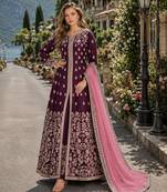 Purple embroidered art silk semi stitched anarkali suit