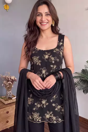 Black faux georgette embroidered kurta set
