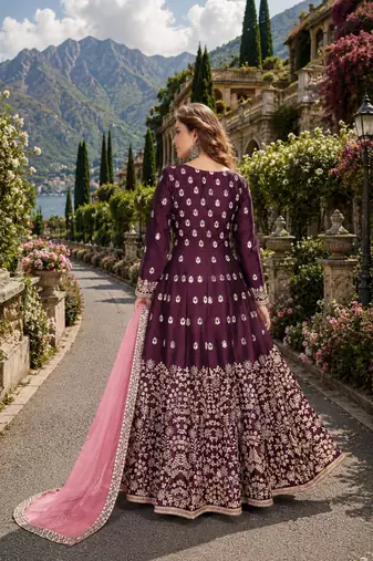 Purple embroidered art silk semi stitched anarkali suit
