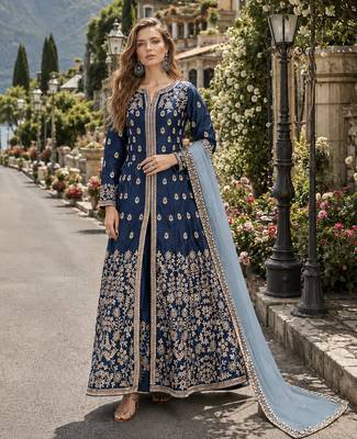 Navy blue embroidered art silk semi stitched anarkali suit 1