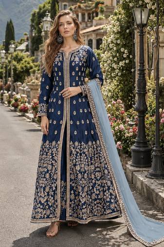 Navy blue embroidered art silk semi stitched anarkali suit