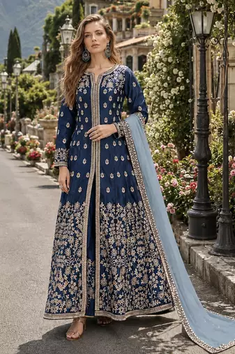 Navy blue embroidered art silk semi stitched anarkali suit