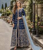 Navy blue embroidered art silk semi stitched anarkali suit