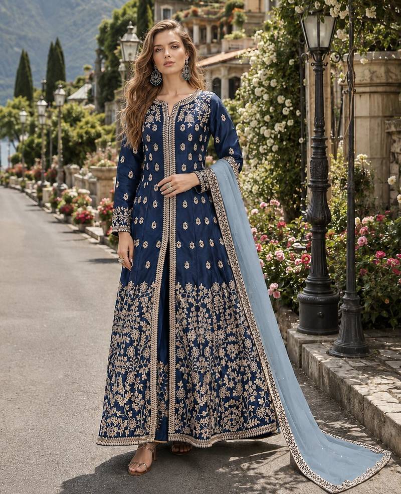 Navy blue embroidered art silk semi stitched anarkali suit