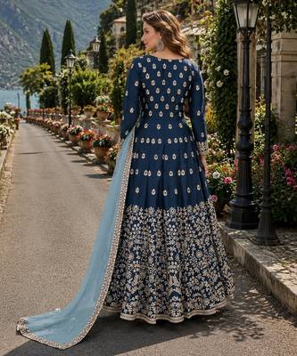 Navy blue embroidered art silk semi stitched anarkali suit 2
