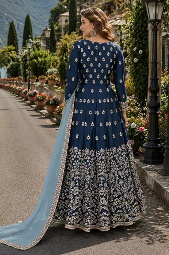 Navy blue embroidered art silk semi stitched anarkali suit