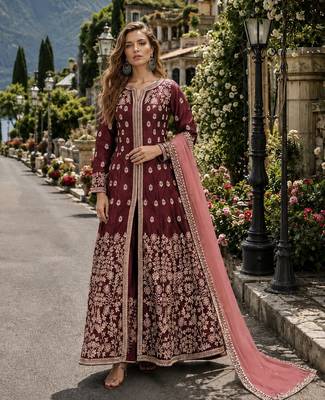 Maroon embroidered art silk semi stitched anarkali suit 1
