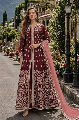 Maroon embroidered art silk semi stitched anarkali suit