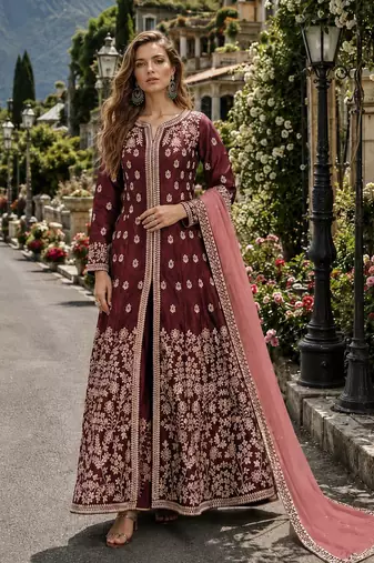 Maroon embroidered art silk semi stitched anarkali suit
