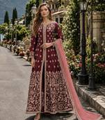 Maroon embroidered art silk semi stitched anarkali suit